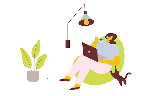 Graafinen kuvituskuva, jossa nainen istuu nojatuolissa läppäri sylissään. Vieressä kissa pyrkii syliin.