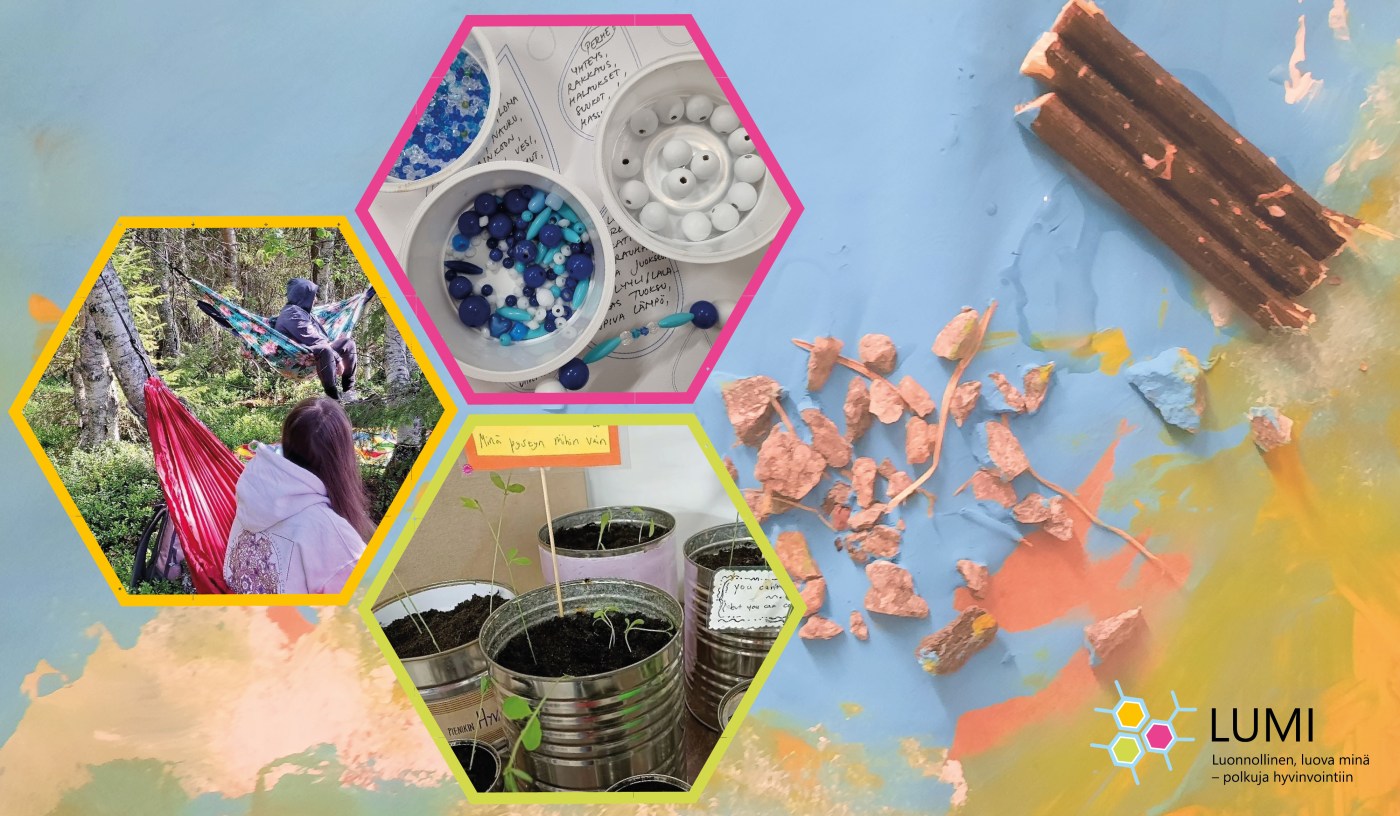 Blogin kuvituskuva, jossa neljä valokuvaa kollaasina. Kuvissa riippumatoissa istuvia osallistujia, askartelutarvikkeita kuten puuhelmiä ja tölkkeihin istutettuja taimia.