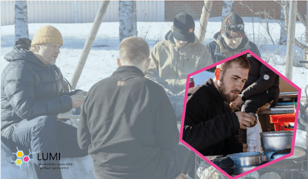 Kuvituskuva, jossa ihmisiä nuotion ääressä.